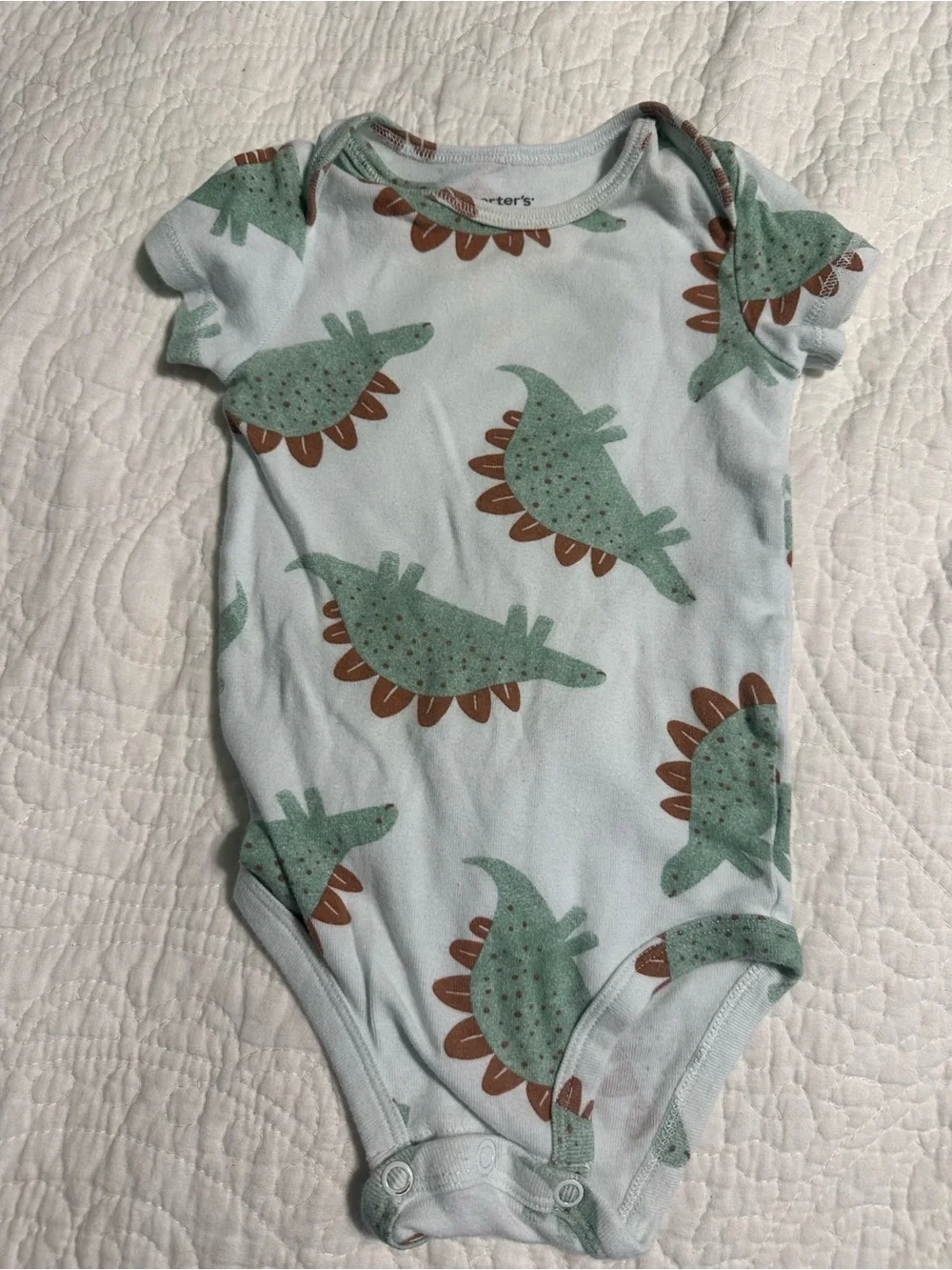 0284 Carter's Olive Green Elastic Waist Baby Shorts and Dino onesie 9 months